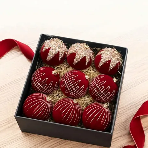 Luxury Flocked Christmas Balls Ornaments Velvet Painted Glitter Xmas Tree Hanging Decorations For Holiday Party Home Decor Set