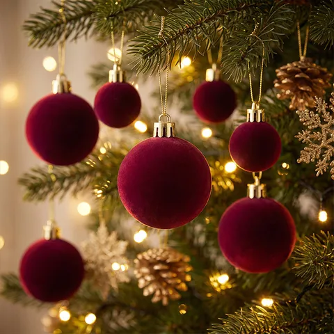 Flocked Christmas Balls Velvet Christmas Tree Hanging Ornaments Decorative Holiday Baubles Wine Red Green White Home Decor