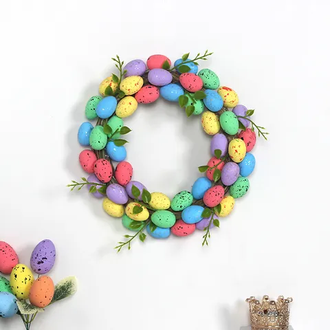 Easter Egg Wreath Scandinavian Style Rattan Base Spotted Eggs Green Leaves Front Door Hanging Wall Wreath Holiday Home Party Decoration Wreath