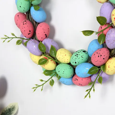 Easter Egg Wreath Scandinavian Style Rattan Base Spotted Eggs Green Leaves Front Door Hanging Wall Wreath Holiday Home Party Decoration Wreath