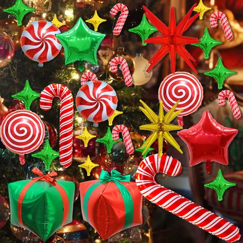 Juego de Globos de Papel de Aluminio de Navidad Rojo Verde Estrella Explosión Bastón de Caramelo Forma Regalo Decoraciones