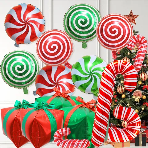 Juego de Globos de Papel de Aluminio de Navidad Rojo Verde Estrella Explosión Bastón de Caramelo Forma Regalo Decoraciones