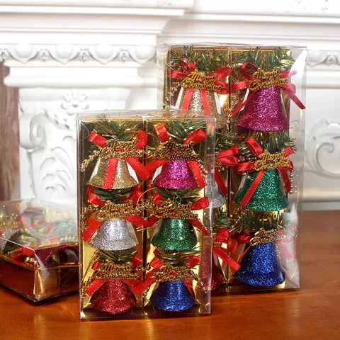 Veelkleurige Glitter Kerstbel Ornamenten PVC Plastic Boom Hangers Feestdagen Decoratie Voor Huis Met Strikken