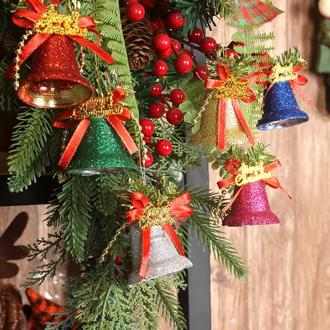 Veelkleurige Glitter Kerstbel Ornamenten PVC Plastic Boom Hangers Feestdagen Decoratie Voor Huis Met Strikken
