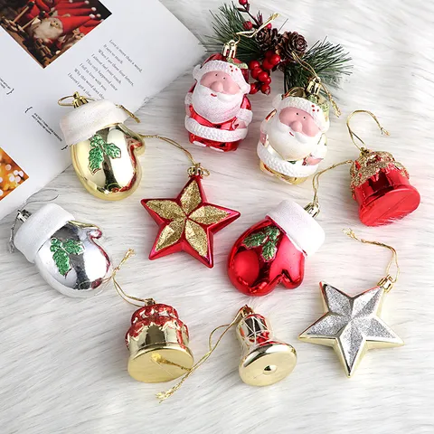 Christmas Painted Plastic Ornaments Set Santa Claus Star Bell Glove Shaped Hanging Pendant Christmas Tree Holiday Decoration