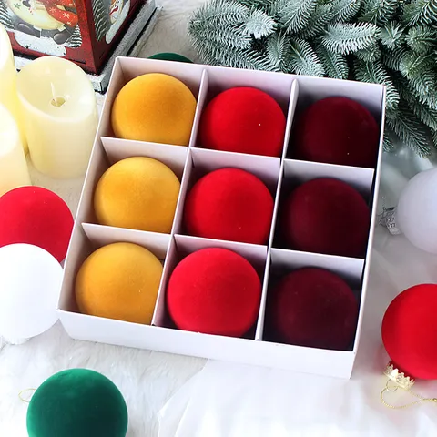 European Style Flocked Christmas Ornaments Balls Boxed Plastic Hanging Tree Ornaments For Holiday Party Decoration Home Accents