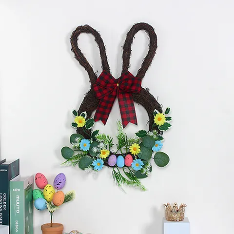 Easter Rabbit Rattan Wreath With Multicolor Eggs Floral Bow Home Decorative Door Wall Hanging Ornament
