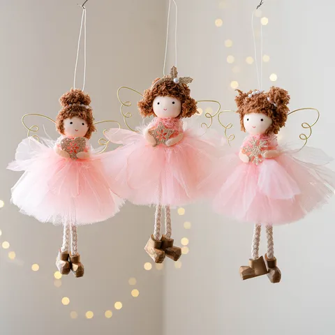 Christmas Angel Girl Hanging Ornament Pink Mesh Tulle Skirt Gold Wings Plush Fabric Doll Xmas Tree Festive Home Decor Pendant