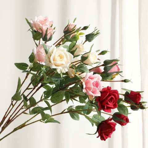 Vintage Retro Artificial Rose Flower Single Branch Three Heads Silk Flower For Home Living Room Wedding Decor