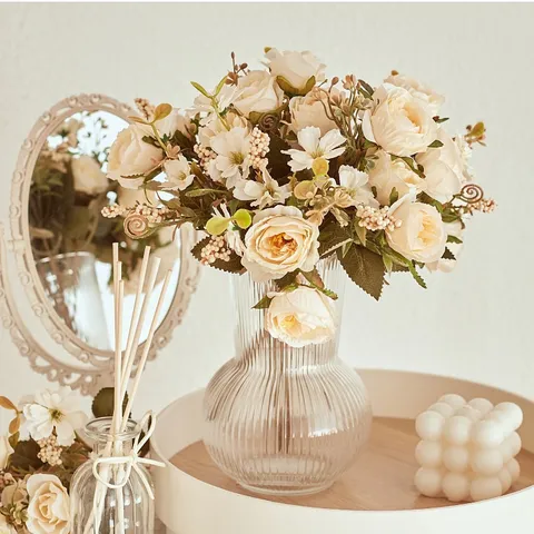Artificial Silk Rose Flower Bouquet With Bead String Retro Fake Flowers For Hotel Table Home Decor Photography Props