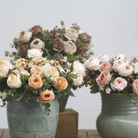 Vintage Artificial Flowers 7-Fork Classical Rose Bouquet For Home Decor