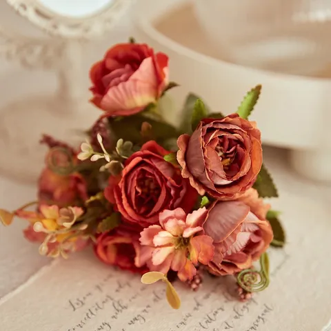 Artificial Silk Rose Flower Bouquet With Bead String Retro Fake Flowers For Hotel Table Home Decor Photography Props