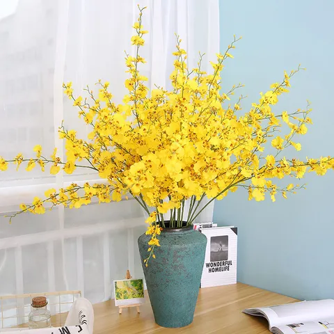 Yellow Dancing Orchid Artificial Flower Branch Fake Silk Floral Ornament For Home Wedding And Party Decoration