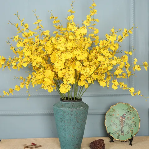 Yellow Dancing Orchid Artificial Flower Branch Fake Silk Floral Ornament For Home Wedding And Party Decoration