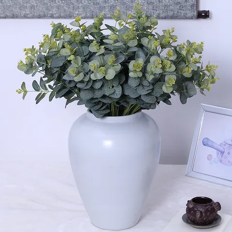 Artificial Plastic Eucalyptus Leaves Stem Fake Greenery Plant For Indoor Home Decor Floral Arrangement Wedding