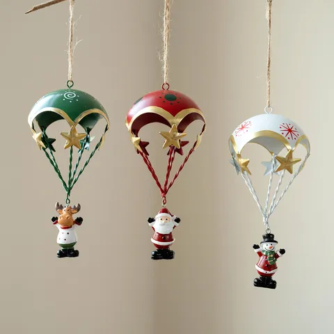 Nordic Iron Art Christmas Parachute Hanging Ornament Santa Claus Snowman Reindeer Xmas Tree Decoration For Holiday Home Decor