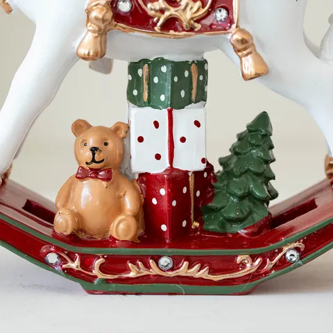 Christmas Resin Rocking Horse Desktop Ornament White Red Green Decor With Bear Tree Gift Box Tabletop Festive Decor Home Office Holiday Present