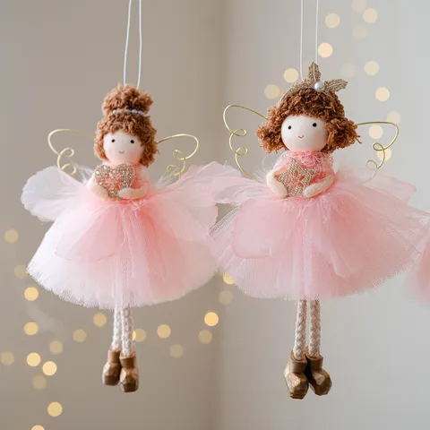 Christmas Angel Girl Hanging Ornament Pink Mesh Tulle Skirt Gold Wings Plush Fabric Doll Xmas Tree Festive Home Decor Pendant