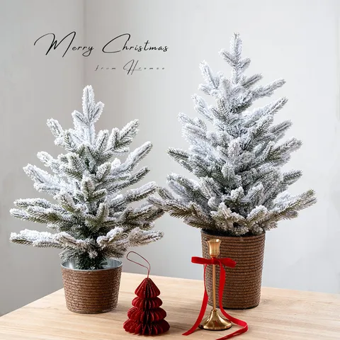 Premium Flocked Snow Christmas Tree Encrypted PE Artificial Pine Tree Tabletop Decoration With Iron Pot Base For Home Office Holiday Decor