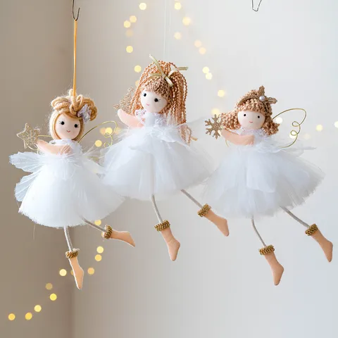 Angelo di Natale Ragazza Addobbo Sospeso Vestito in Tulle Bianco Bambola Capelli Intrecciati Ali Dorate Albero di Natale Decorazione Festa