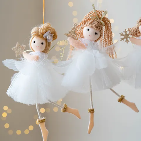 Angelo di Natale Ragazza Addobbo Sospeso Vestito in Tulle Bianco Bambola Capelli Intrecciati Ali Dorate Albero di Natale Decorazione Festa
