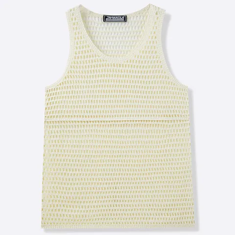 Men Vintage Lazy Style Knitted Hollow Out Mesh Vest Sleeveless Round Neck Breathable Top For Fitness Casual Summer Wear