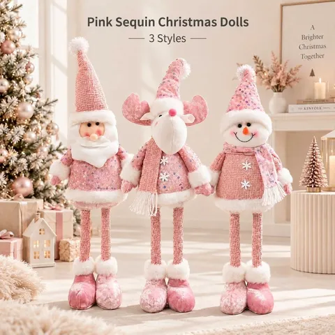 Christmas Telescopic Plush Doll Pink Sequin Reindeer Santa Snowman Ornament Standing Gnome Luminous Figurine For Home Decor
