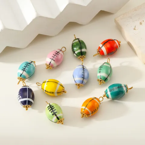 Hand Painted Ceramic Rugby Football Loose Beads Stainless Steel DIY Jewelry Pendants For Necklace Bracelet Making Accessories