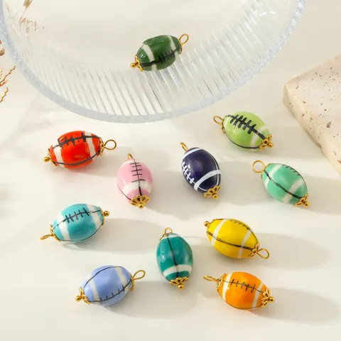 Hand Painted Ceramic Rugby Football Loose Beads Stainless Steel DIY Jewelry Pendants For Necklace Bracelet Making Accessories