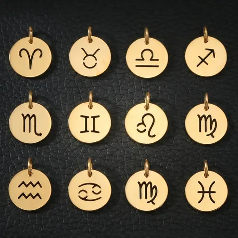 12 Zodiac Stainless Steel 18K Gold Plated Hollow Round Charms DIY Pendants For Jewelry Making Accessories Unisex Jewelry