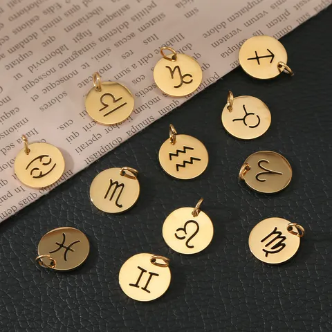 12 Zodiac Stainless Steel 18K Gold Plated Hollow Round Charms DIY Pendants For Jewelry Making Accessories Unisex Jewelry