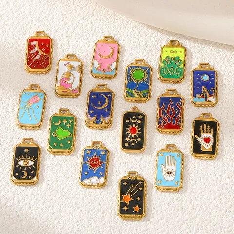 Pendentifs en Émail Carte de Tarot en Acier Inoxydable Vintage Rectangle Ciel Étoilé Lune Soleil pour Collier DIY Femme