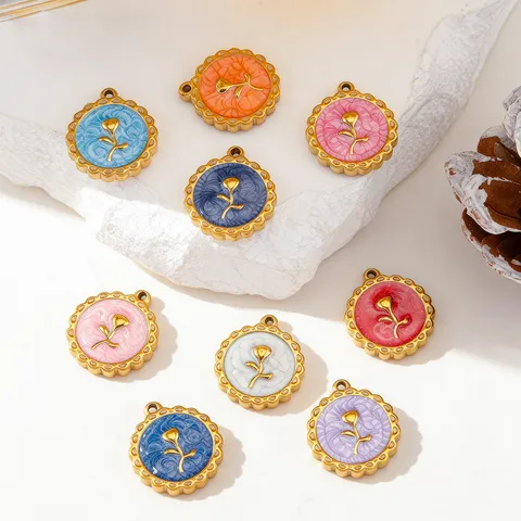 Stainless Steel Rose Flower Drip Oil Enamel Charms For DIY Jewelry Making Necklace Earrings Pendant Gold Trim Floral Accessories