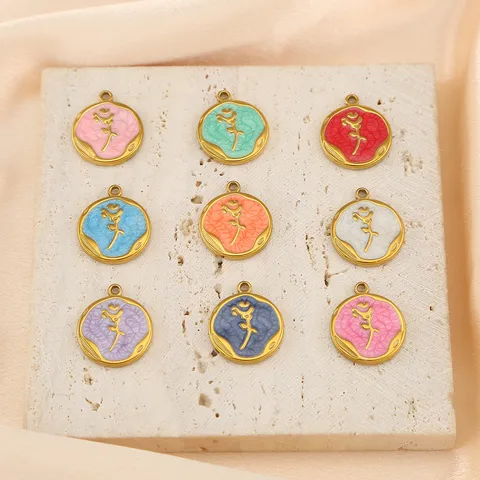 Stainless Steel Tulip Flower Round Pendant DIY Jewelry Finding Oil Drip Enamel Floral Charm For Necklace Earring Making Accessories