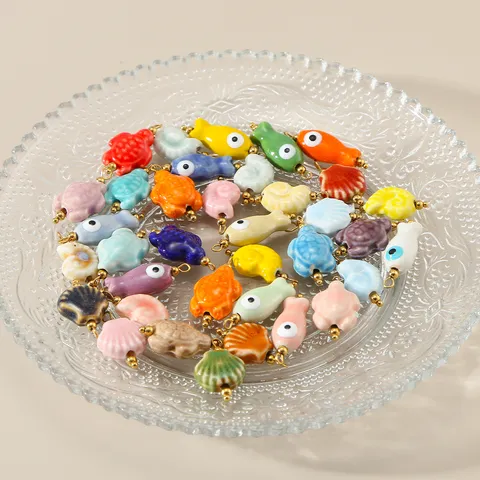 Ceramic Fish Sea Turtle Shell Pendants For DIY Jewelry Making Stainless Steel Evil Eye Animal Beads Handmade Necklace Accessory