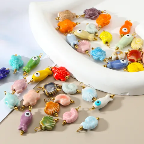 Ceramic Fish Sea Turtle Shell Pendants For DIY Jewelry Making Stainless Steel Evil Eye Animal Beads Handmade Necklace Accessory