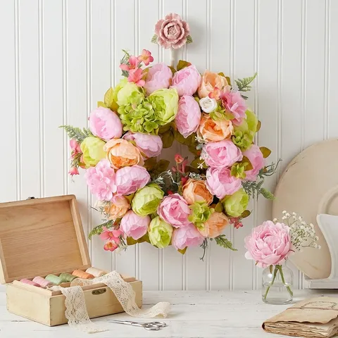 Couronne de Fleurs Artificielles de Pivoine et Hortensia Couronne Florale Printemps Été Pour Porte D'entrée Jardin Décoration Murale Rose Orange Vert Décoration Maison