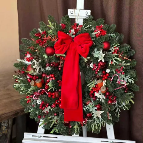 Large Christmas Wreath With Red Bow Berry Pine Cone Decoration For Front Door Window Mall Festive Party Ornament