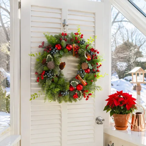Christmas Robin Wreath Artificial Pine Needles Rattan Ring Red Berries Cones Ornaments For Front Door Wall Hanging Patio Decoration