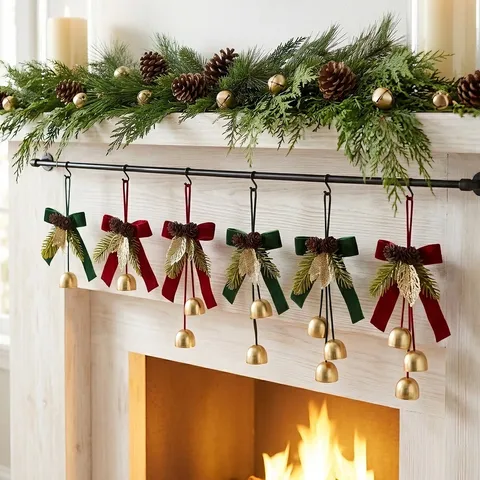 Christmas Bowknot Bell Hanging Ornament Velvet Bow Pinecone Metal Bell Christmas Tree Wreath Decor Holiday Home Party Atmosphere Arrangement