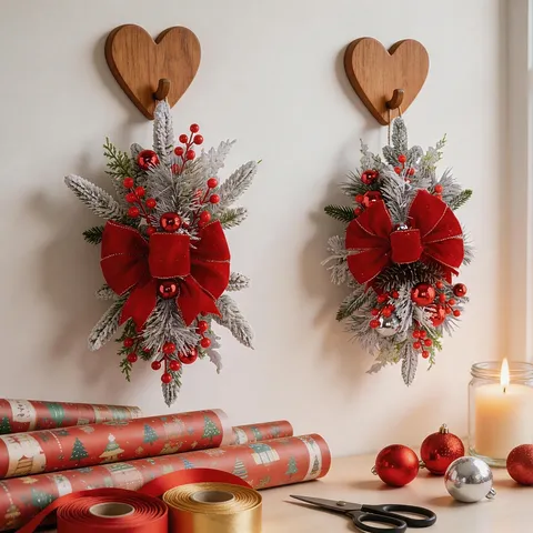 Nordic Christmas Staircase Teardrop Swag Wreath With Large Velvet Bowknot Artificial Pine Needles Red Berries Ornaments For Home Holiday Door Wall Hanging Decoration