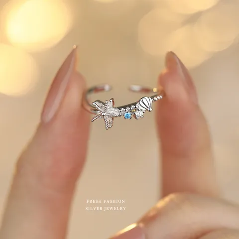 925 Sterling Silber Seestern Muschel Offener Ring Für Damen Blauer Zirkonia Verstellbar Sommer Urlaub Finger Schmuck Geschenk