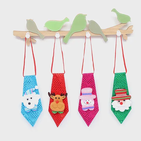 Christmas Sequin Tie Festive Cartoon Necktie For Kids Adults Party Decoration Santa Snowman Reindeer Bear Pattern Xmas Bowtie Ornament