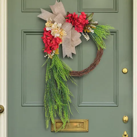 Farmhouse Artificial Wreath Red Hydrangea Green Fern Leaf Burlap Bow Door Hanging Pastoral Rural Style Home Wall Decoration