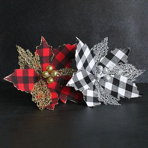 Weihnachten Künstliche Blumen Poinsettia Mit Rot Schwarz Karo Glitzer Beeren Für Kranz DIY Urlaub Home Party Baum Dekor