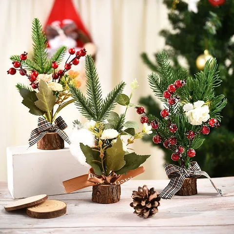 Mini Tabletop Christmas Tree Ornament With Wooden Base Rustic Artificial Pine Tree Table Centerpiece Decoration For Holiday Home Office Decor