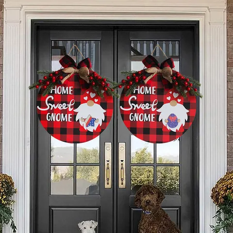 Rustic Christmas Wooden Welcome Door Sign Buffalo Red Black Plaid Round Hanging Wreath With Interchangeable Holiday Icons GNOME Wall Hanging Plaque Home Decor