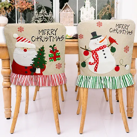 Christmas Santa Claus Snowman Linen Chair Cover Printed Burlap Festive Decoration For Dining Table Home Party Decor