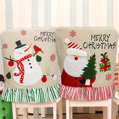 Christmas Santa Claus Snowman Linen Chair Cover Printed Burlap Festive Decoration For Dining Table Home Party Decor