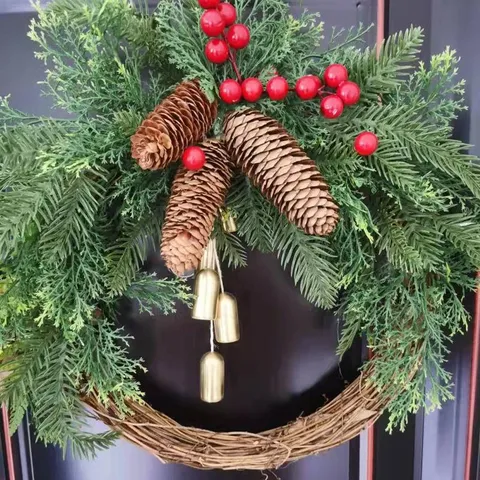 Farmhouse Boho Christmas Wreath With Rattan Ring Pine Cones Red Berries And Metal Bells For Front Door Wall Hanging Holiday Decor